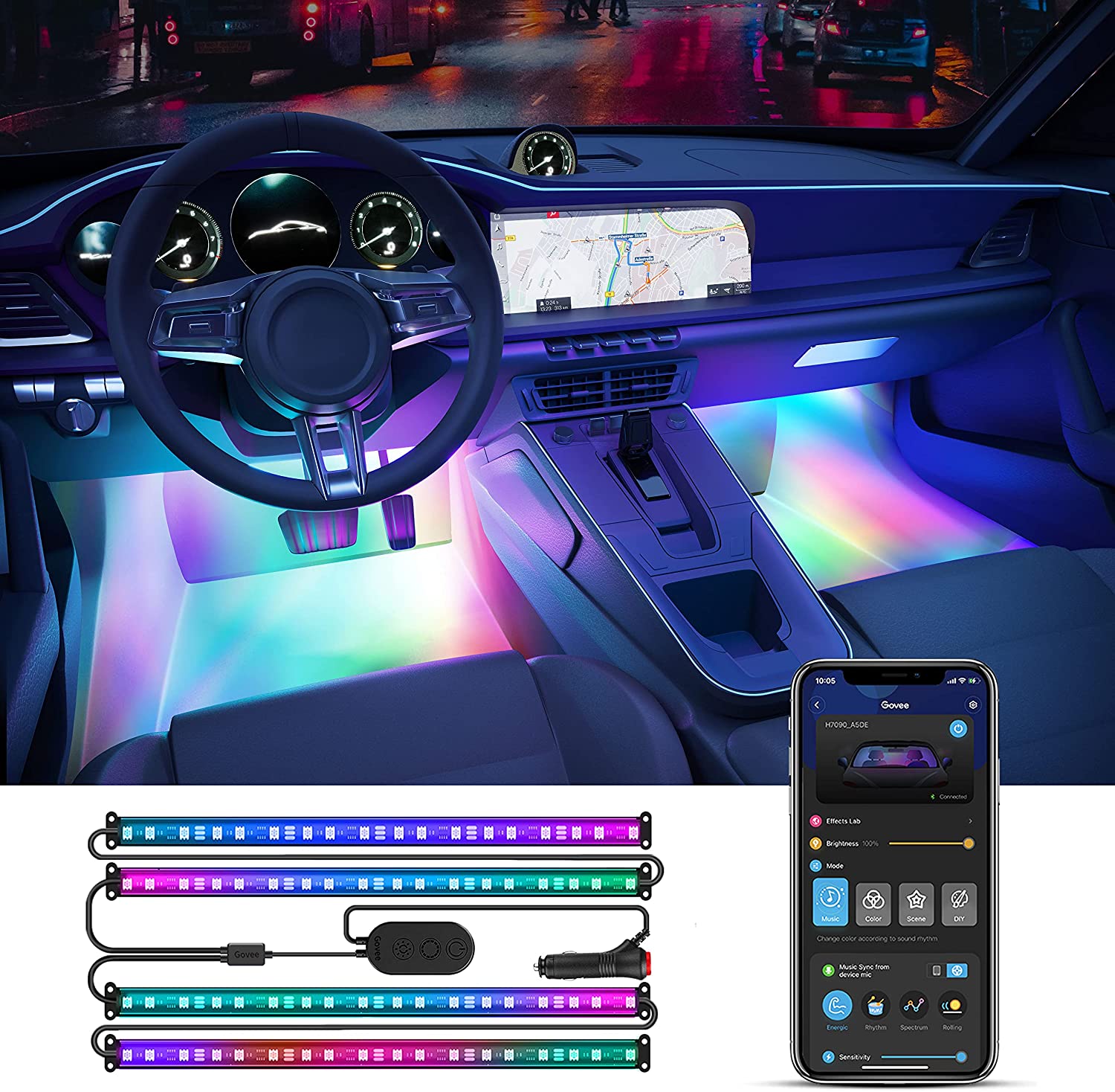 Dây Đèn LED trang trí nội thất ô tô Govee RGBIC Interior Car Lights H7090 | Điều khiển qua App và Remote, nháy theo nhạc