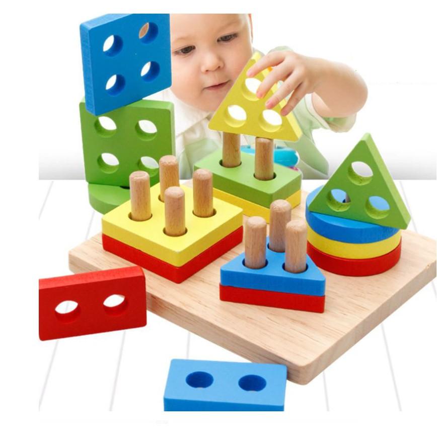 Đồ chơi montessori thả hình khối luồn cọc - Đồ chơi giáo giục hình học bằng gỗ