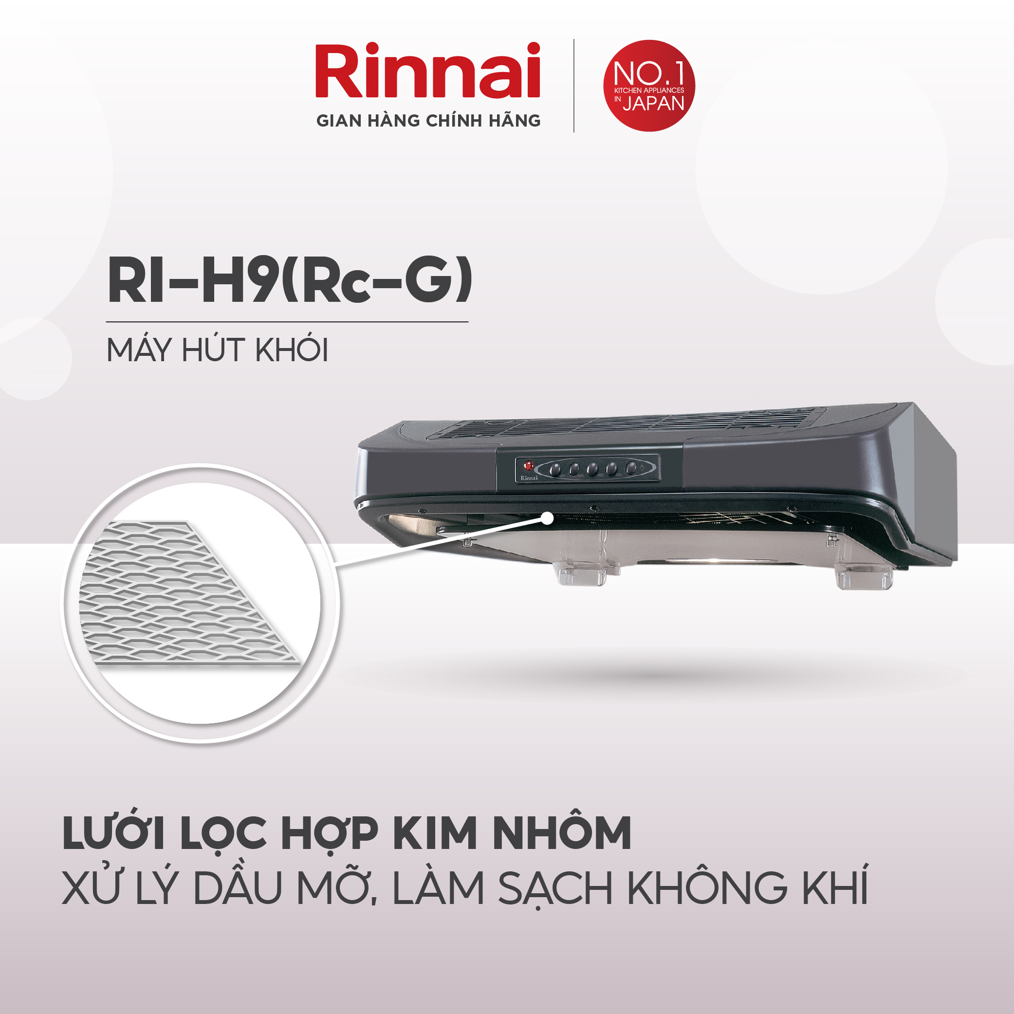 Máy hút mùi 90cm Rinnai RI-H9(Rc-G) than hoạt tính 161W - Hàng chính hãng.