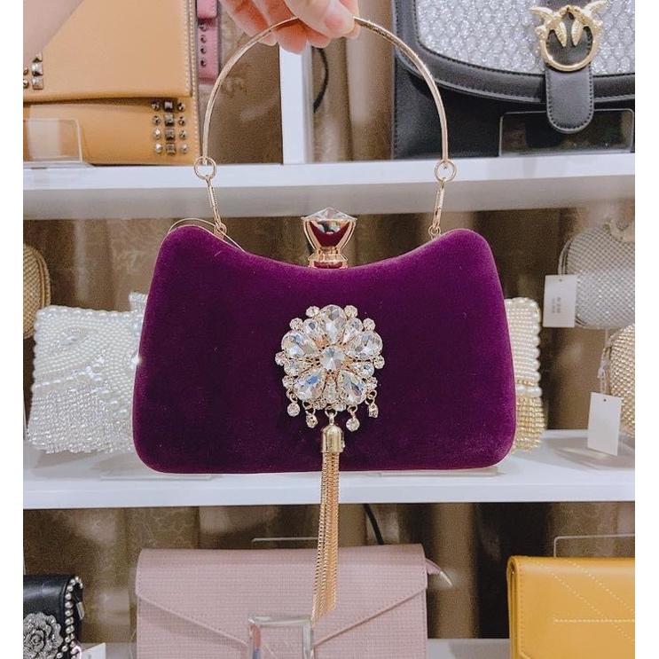 Clutch nhung đính đá tua rua cao cấp-túi nhung đá đi tiệc siêu sang