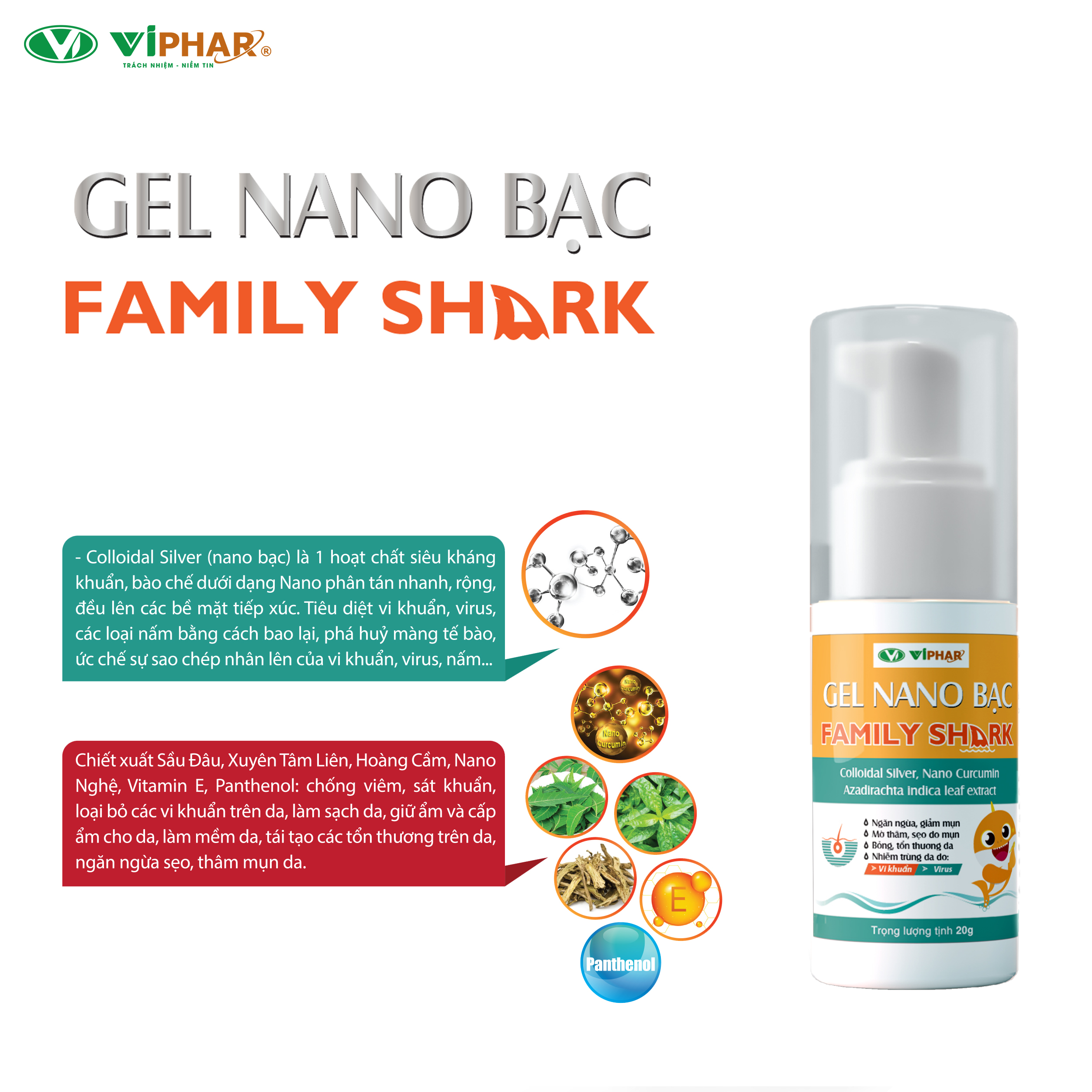 Gel Bôi Ngăn Ngừa Mụn, Giảm Thâm Sẹo Do Mụn, Viêm Da, Chốc Lở, Bỏng Da Gel Nano Bạc Family Shark VIPHAR Tuýp 20g