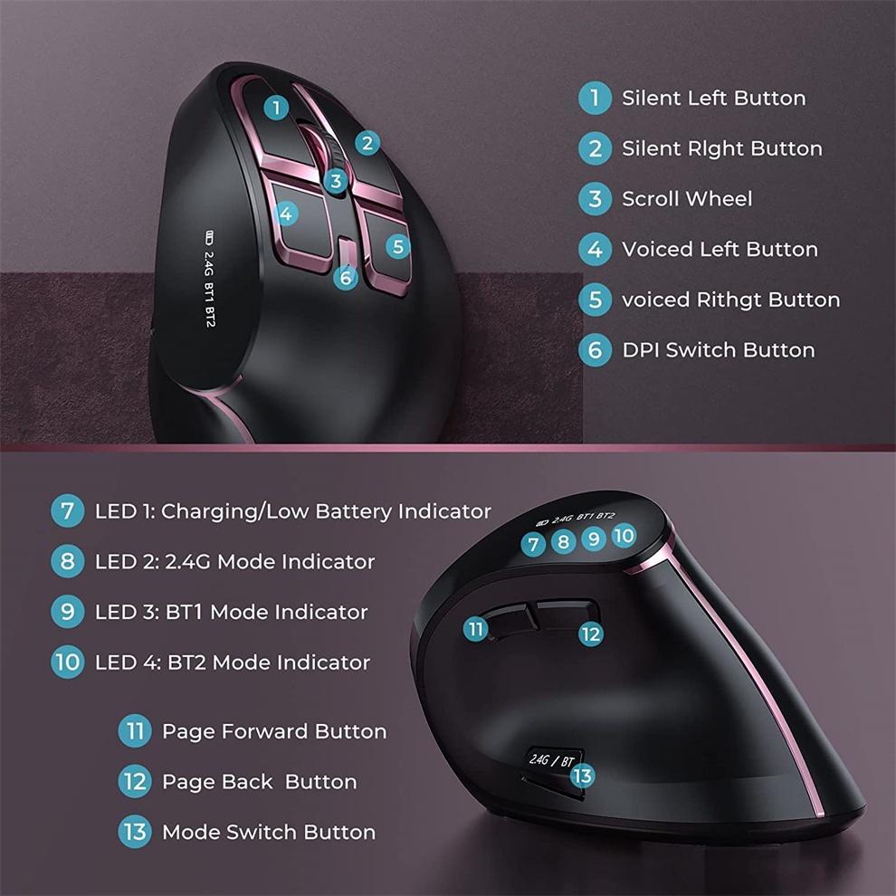 Chuột không dây Dạng Đứng 2.4G+ Bluetooth 9 Nút