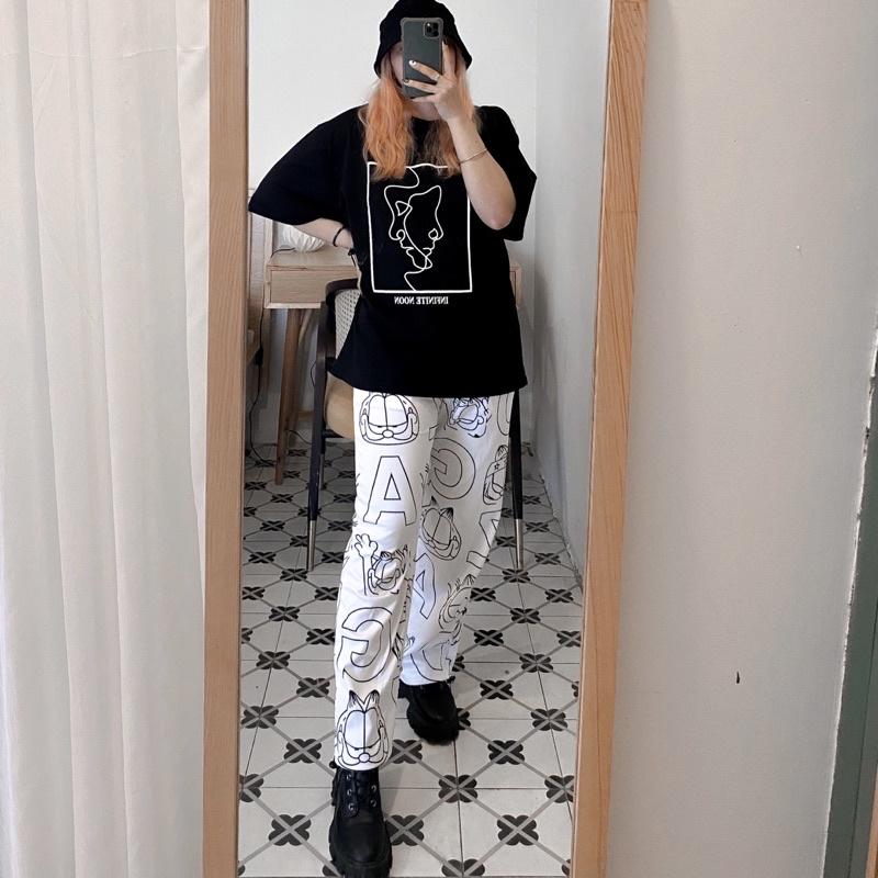 Quần Jogger Thun Unisex có dây rút HOẠ TIẾT MÈO màu ĐEN/TRẮNG ️