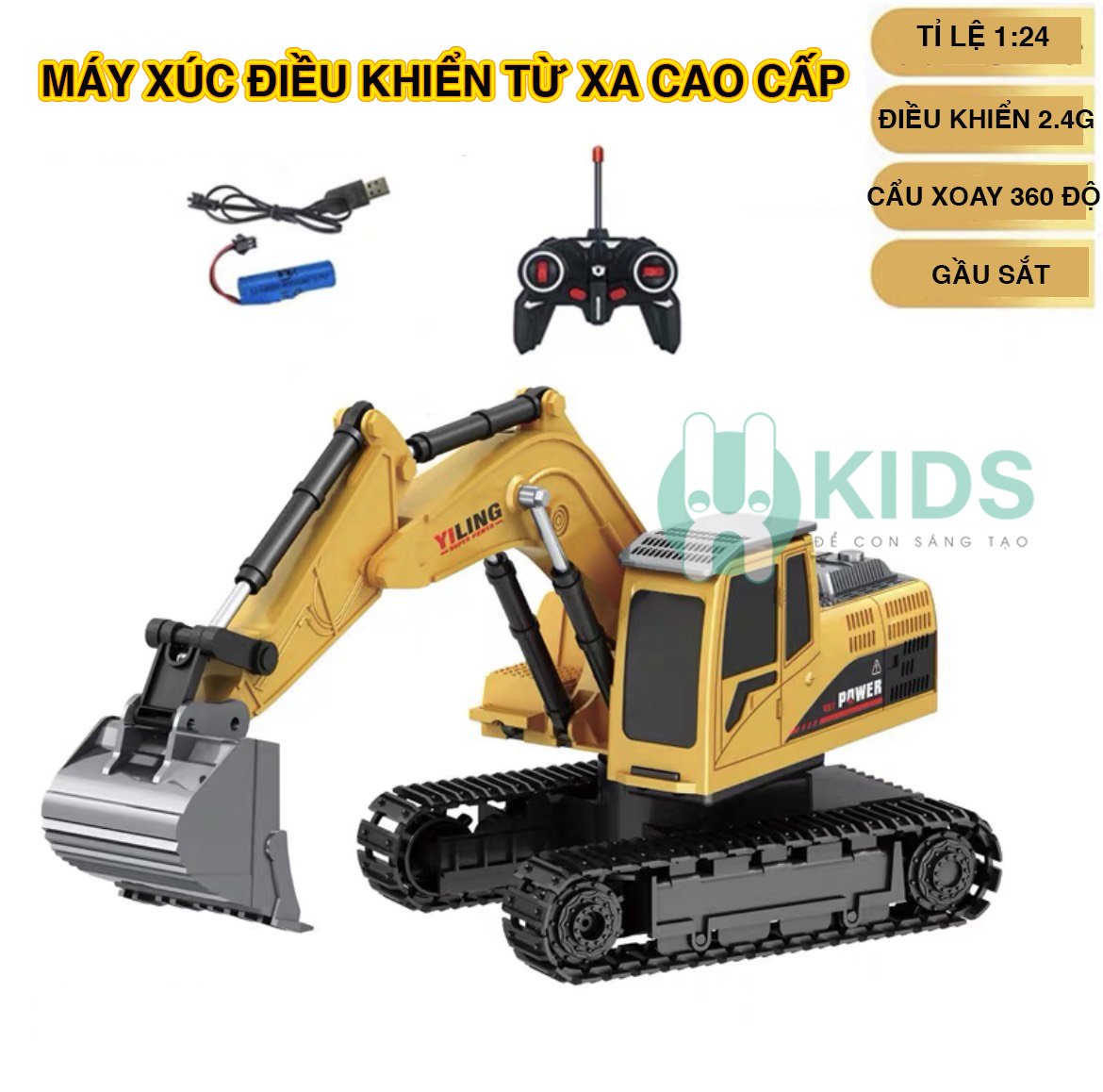 Đồ chơi Máy xúc, Xe cẩu múc điều khiển từ xa RC 2.4G có Gầu SẮT, bánh xích kèm pin sạc cao cấp