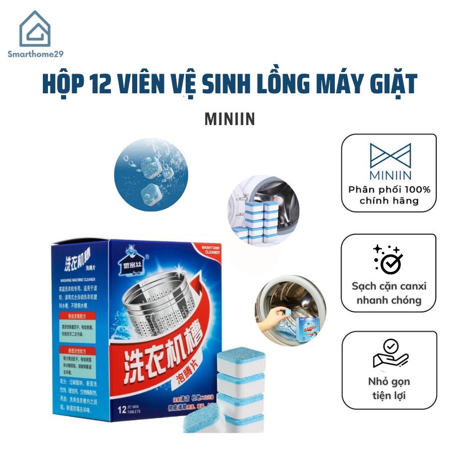 Hộp 12 Viên Tẩy Vệ Sinh Lồng Máy Giặt, Diệt Khuẩn Và Tẩy Chất Cặn Lồng Máy Giặt Hiệu Quả - Hàng Loại 1 - Chính Hãng MINIIN