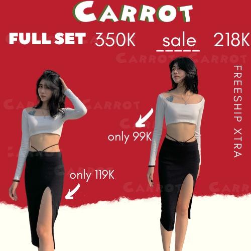 Aó croptop tay dài đen chân váy dài basic ôm eo cột dây tôn dáng chất thun dày dặn trendy thời trang nữ carrotxinhdep