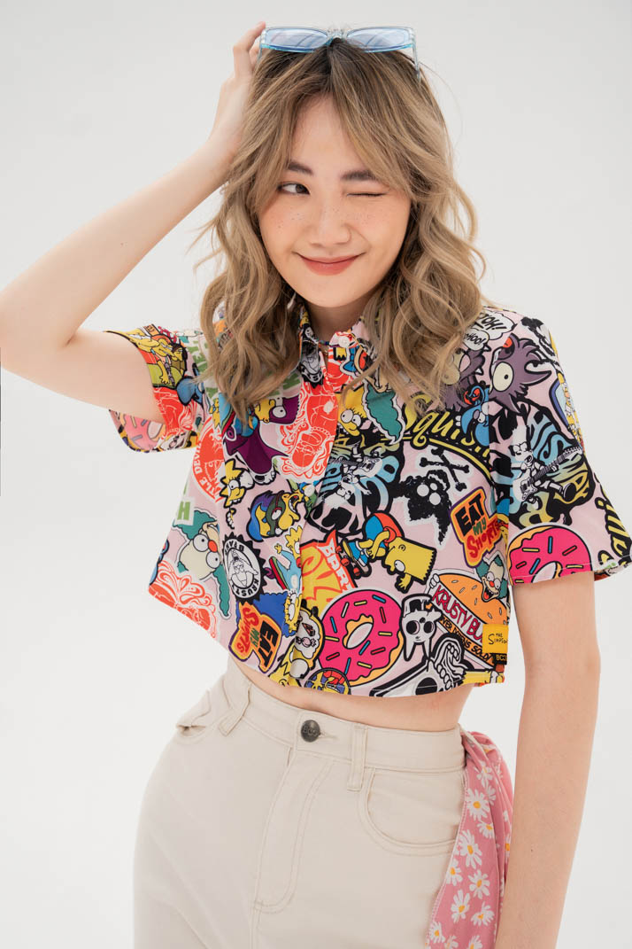 Áo Sơ Mi Croptop BOO Dáng Rộng, Ngắn Tay In Tràn Họa Tiết The Simpsons BZL Trendy Dành Cho Gen Z Cá Tính