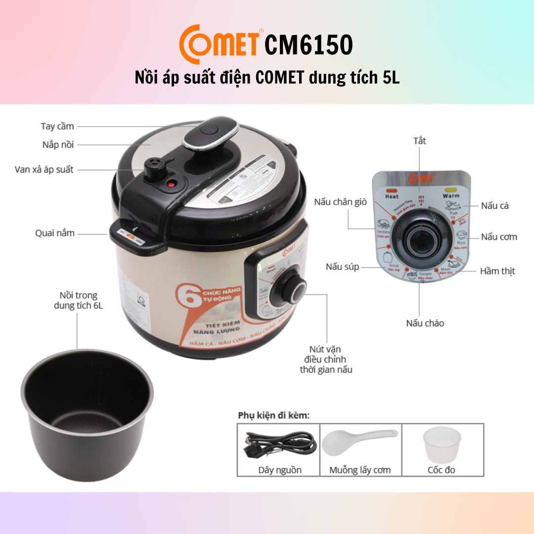 Nồi áp suất điện Comet CM6150 (5.0L) - CM6151 (6.0L) - Hàng Chính Hãng - Bảo Hành 12 Tháng