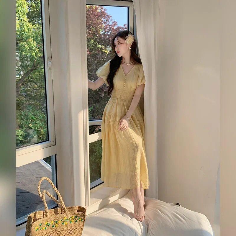 SHUANGYAN DbyDoi Pháp Vintage dịu dàng gió hiển thị gầy v-cổ tiên nghỉ mát gió váy đầm đầm dài cho trẻ em mùa hè