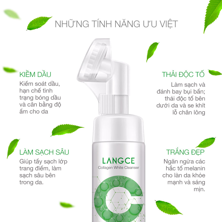 Cọ Massage Rửa Mặt Sáng Da Collagen+ Thải Độc Tố Kiềm Dầu 120ml TẶNG Kem Làm Rụng Lông Trắng Da 20ml LANGCE