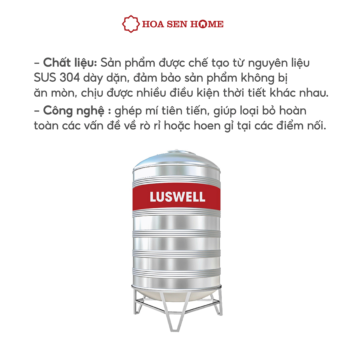 Bộ bồn nước INOX LUSWELL VNDAI đứng dung tích 4000-5000L, chất liệu Inox SUS 304 bền bỉ, công nghệ ghép mí chống rò rỉ - Hoa Sen Home - Hàng chính hãng - MIỄN PHÍ VẬN CHUYỂN