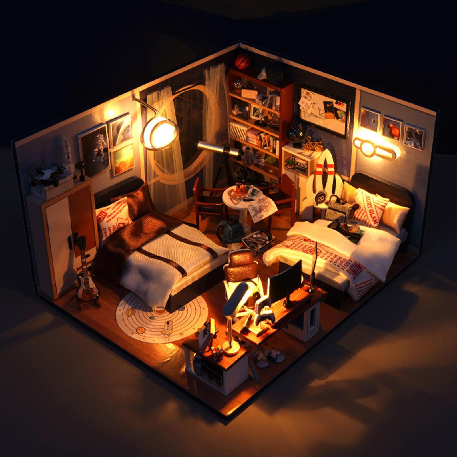 Wooden Miniature Dollhouse Kits Fashion with Lights Artwork Creative Bedroom