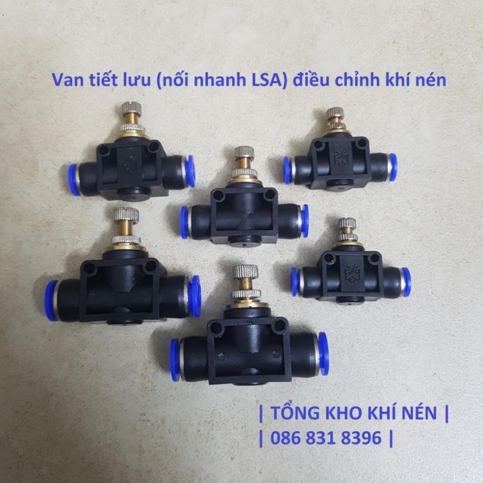 Van tiết lưu  điều chỉnh khí nén, 2 đầu ống 4; 6; 8; 10; 12mm. Van tiết lưu núm sắt.