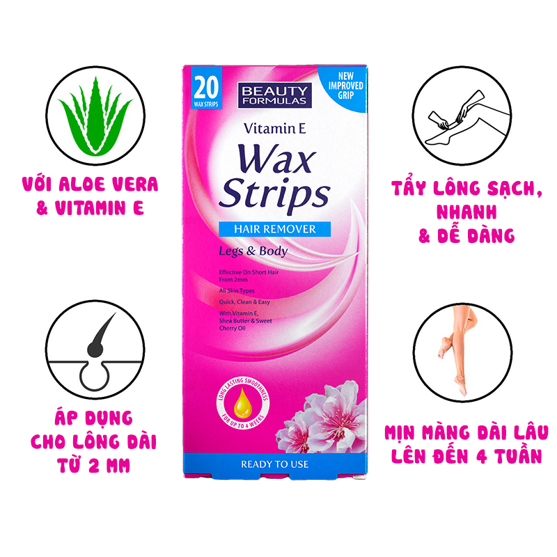 Miếng dán tẩy lông Beauty Formulas Wax Strips Legs and Body - hộp 20 miếng