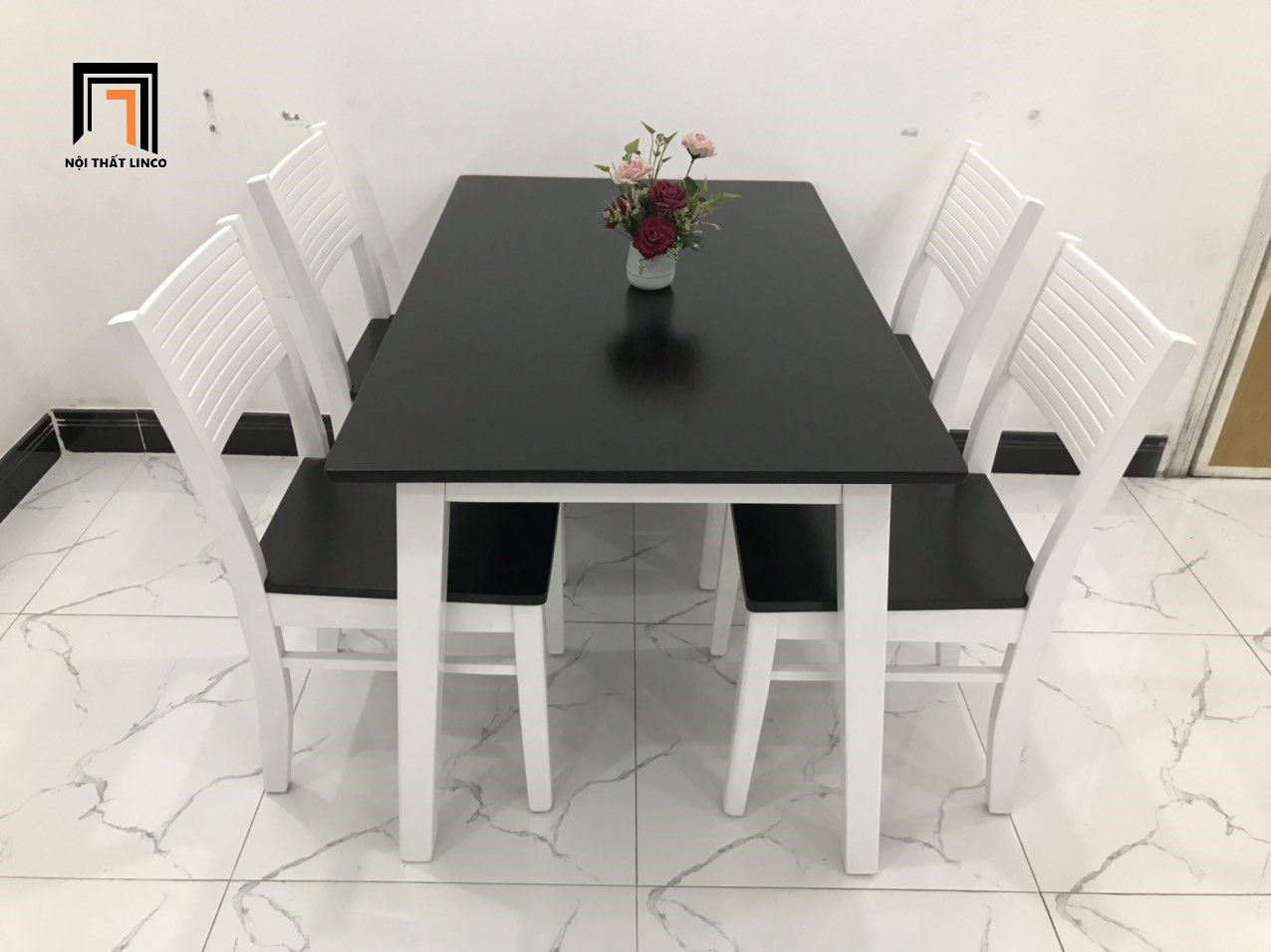 Bộ bàn ghế cherry trắng đen 1m2 gỗ cao su
