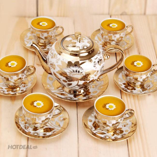 Bộ tách trà hoa văn nhũ vàng - Bộ trà ấm chén uống trà 6 ly kèm 7 dĩa cao cấp