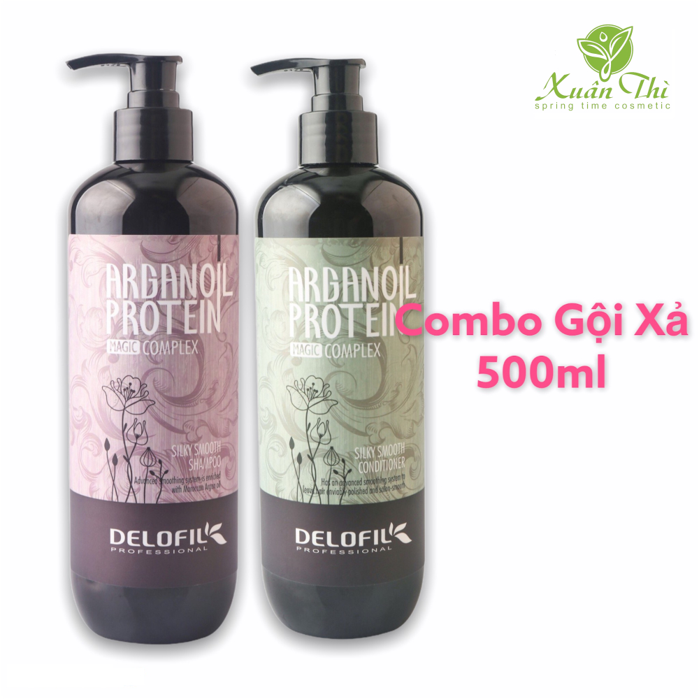 Cặp Gội &amp; Xả mềm mượt sạch gàu DELOFIL 500ml/800ml Arganoil Protein Silky Smooth giúp tóc suôn mượt, óng ả, ngăn ngừa gàu