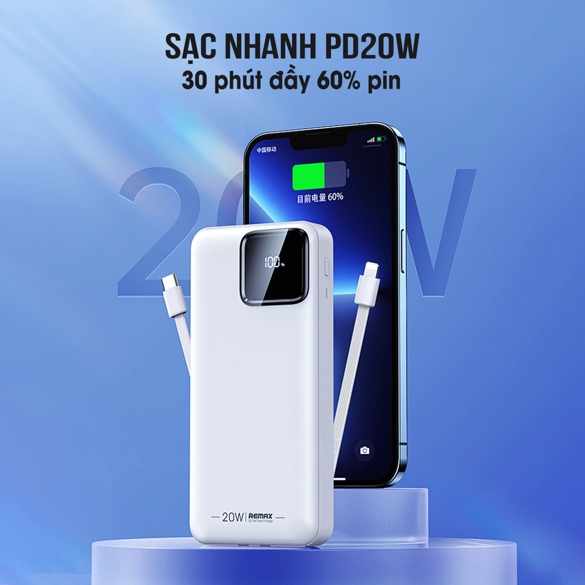 Sạc Dự Phòng 20000mAh Remax RPP-513 Tích Hợp 2 Cáp Sạc Nhanh TypeC và Lighning PD 22.5W - Hàng Chính Hãng Remax