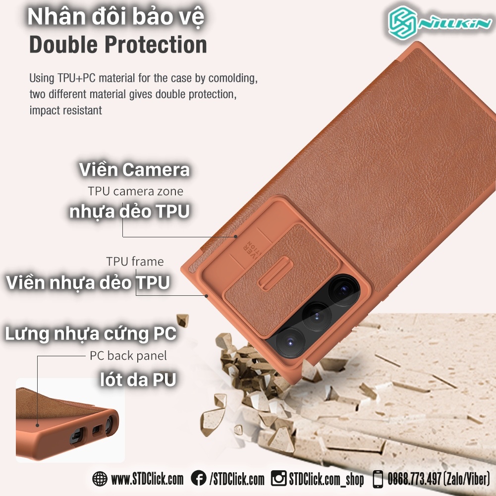 BAO DA DÀNH CHO ĐIỆN THOẠI SAMSUNG GALAXY S23 ULTRA 5G NILLKIN QIN PRO BẢO VỆ CAMERA