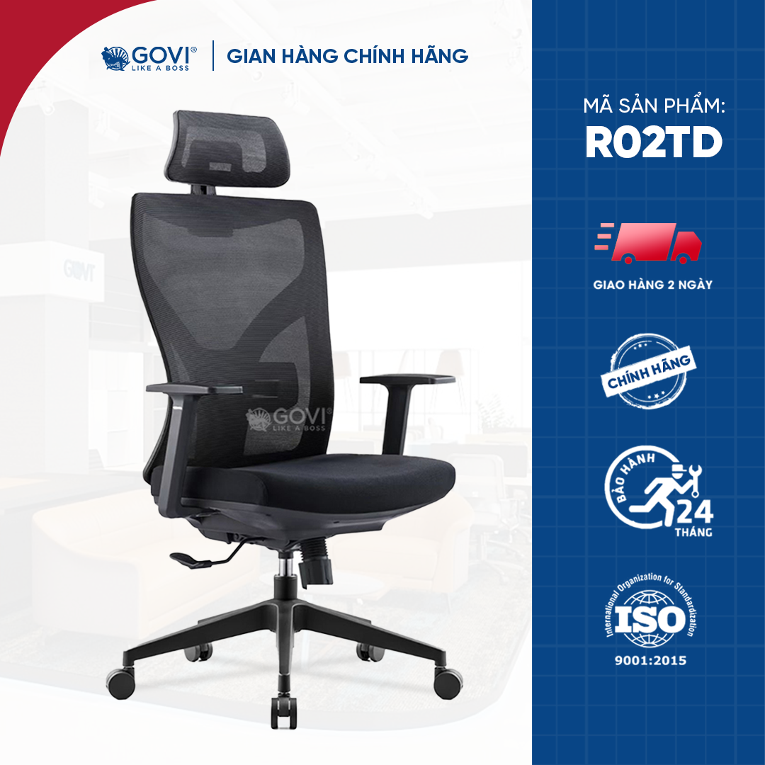 Ghế xoay văn phòng công thái học GOVI R02TD-Tựa đầu điều chỉnh, tựa tay cố định, mâm ghế ngả sau