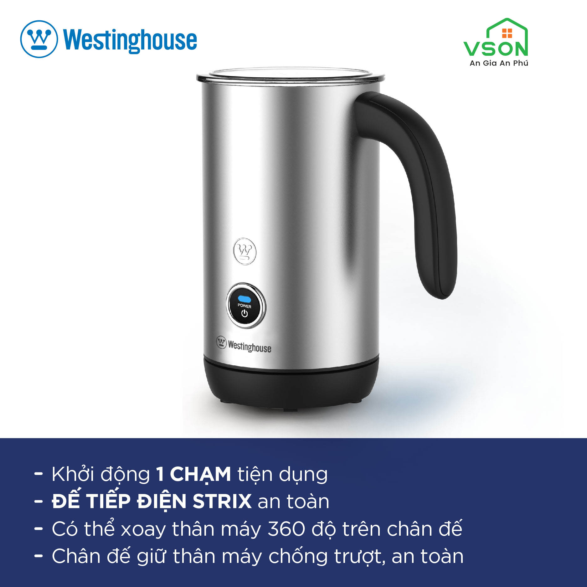 Máy đánh tạo bọt sữa Westinghouse WKMF651 115ml 500W Khởi động 1 chạm - Hàng chính hãng Mỹ
