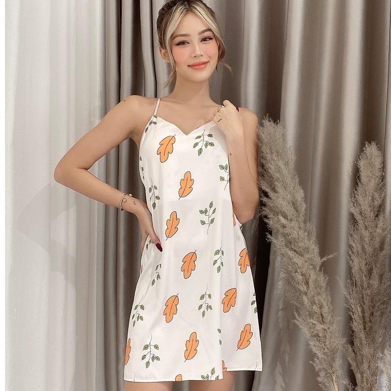Đầm ngủ lụa hai dây đan lưng họa tiết