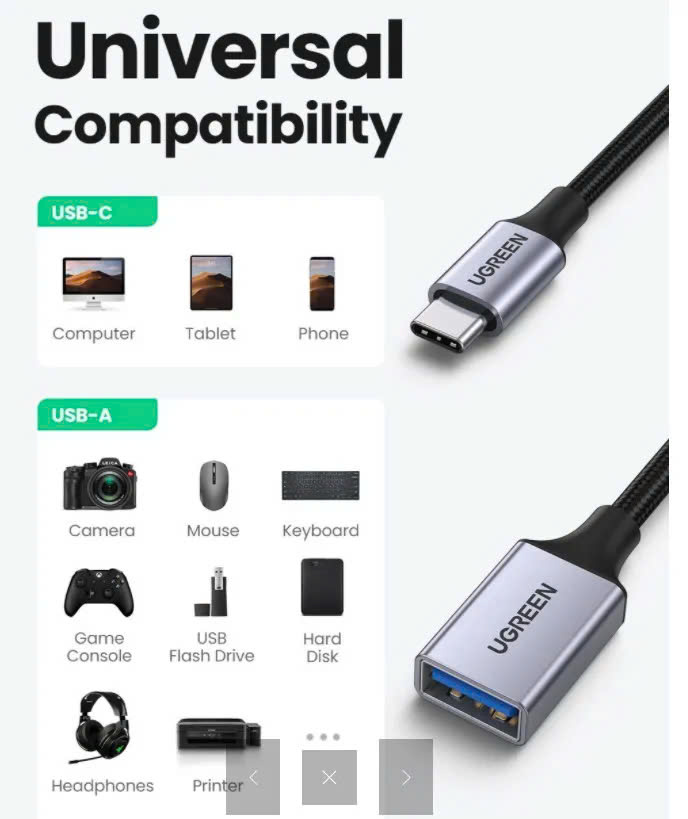 Bộ chuyển đổi USB type C sang USB 3.0 UGREEN US378 | Hỗ trợ OTG | Vỏ bọc nylon bền bỉ | Hàng chính hãng | Bảo Hành 18 Tháng 1 Đổi 1 | 70889