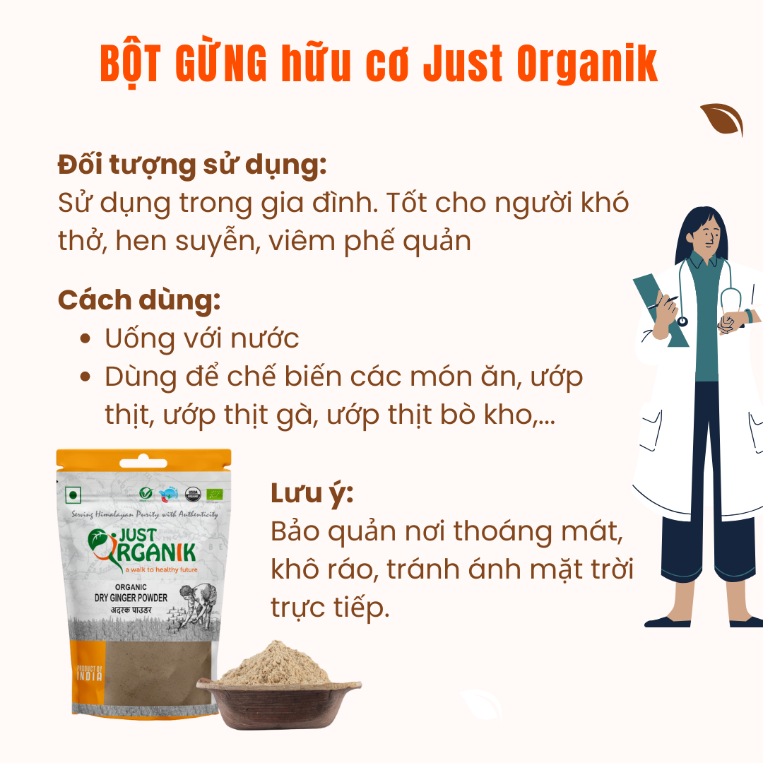 Bột Gừng Hữu Cơ Nguyên Chất Gia Vị Uớp, Nêm Mếm Món Ăn, Có Thể Làm Trà Gừng Hỗ Trợ Tiêu Hóa Just Organik Ginger 50g