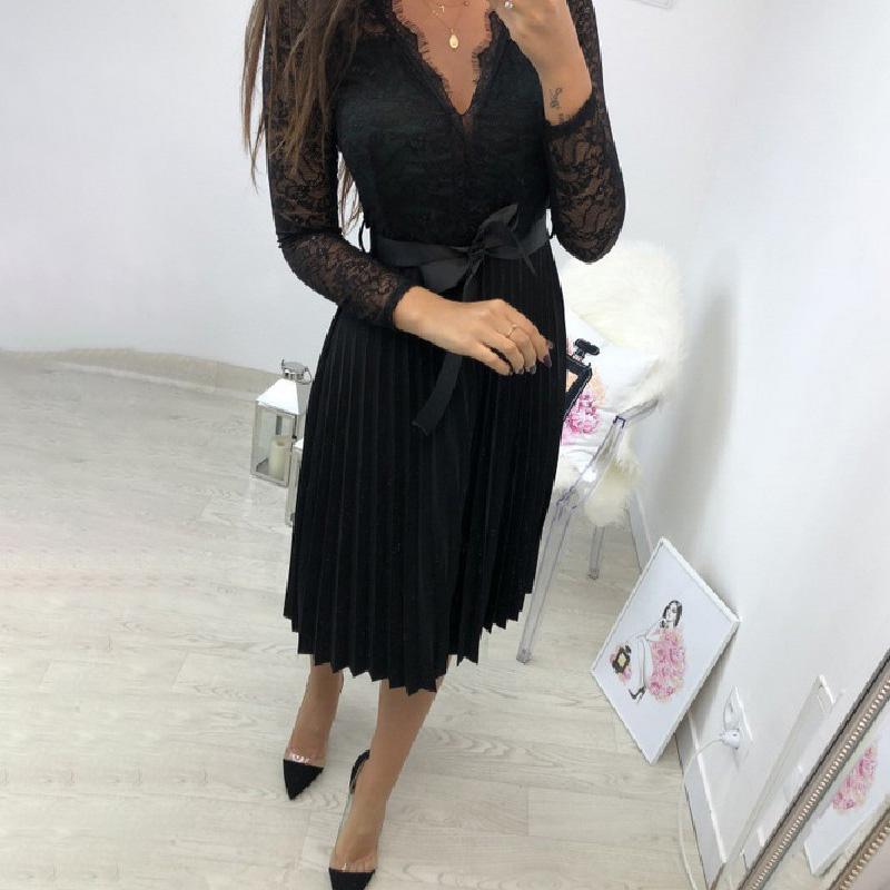 Women Autumn Sexy Dress Lace Deep V-neck Long Sleeve Self-tie Bandage Ruffle Hem Party Slim Bodycon Dress Black