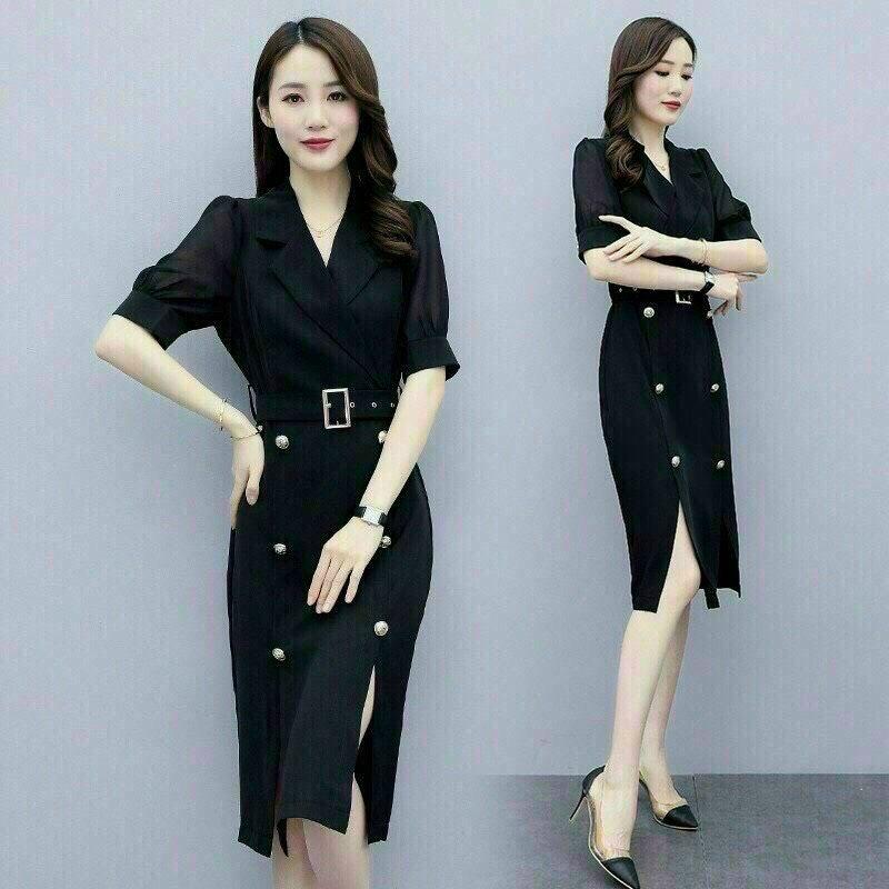Đầm Đen Cổ Vest Sang Trọng, Phối Đá Đính Dọc Thân Kèm Belt Rời, Đủ Size