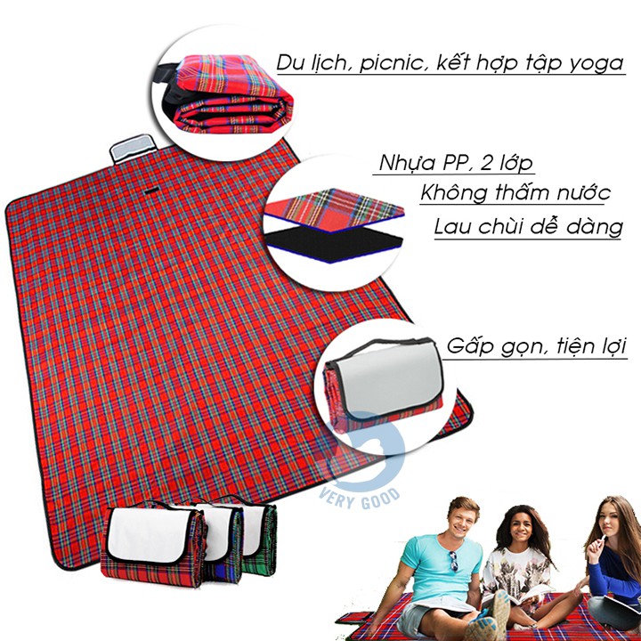 THẢM DÃ NGOẠI, DU LỊCH, PICNIC CAO CẤP - Chống thấm nước, họa tiết caro, gấp gọn tiện lợi - 2 kích thước khách chọn màu!
