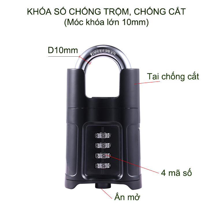(Phụ kiện nội thất) Khóa số loại lớn D10mm chống cắt, chuyên dùng khóa cửa đi, cửa cổng với 4 mã số có thể thay đổi được