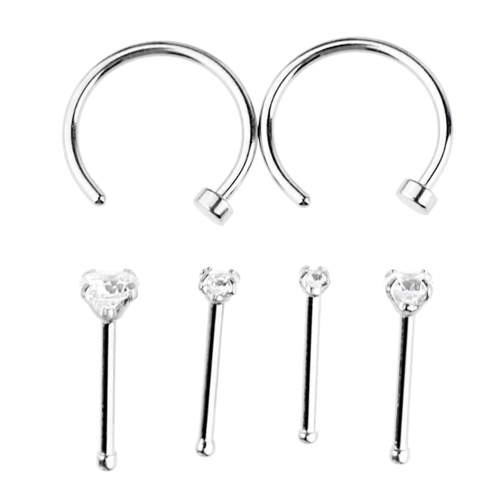 2-7pack 6Pcs C-shape Ring Bar Zircon Ear Stud Nose Helix Earrings Body Piercing