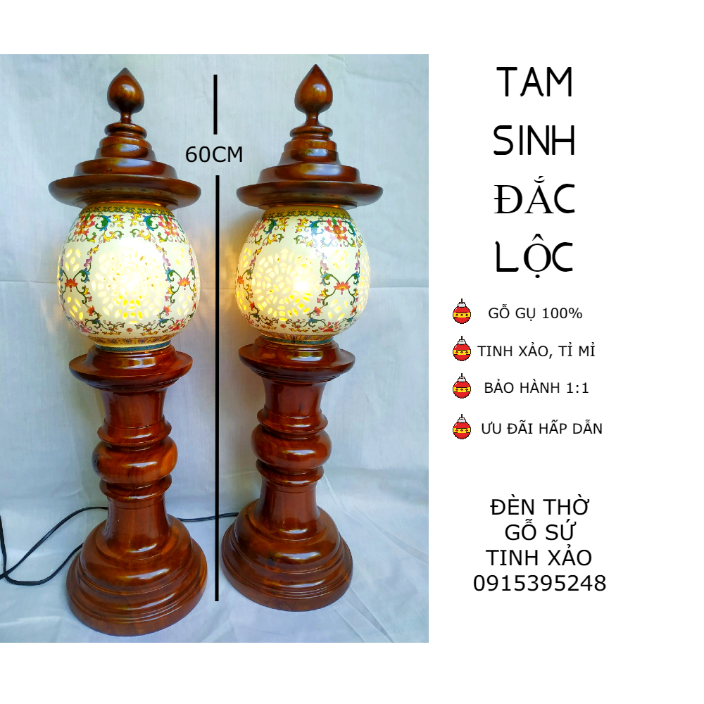 Đôi đèn thờ gỗ sứ tinh xảo TAM SINH ĐẮC LỘC (tặng kèm bóng LED dự phòng)