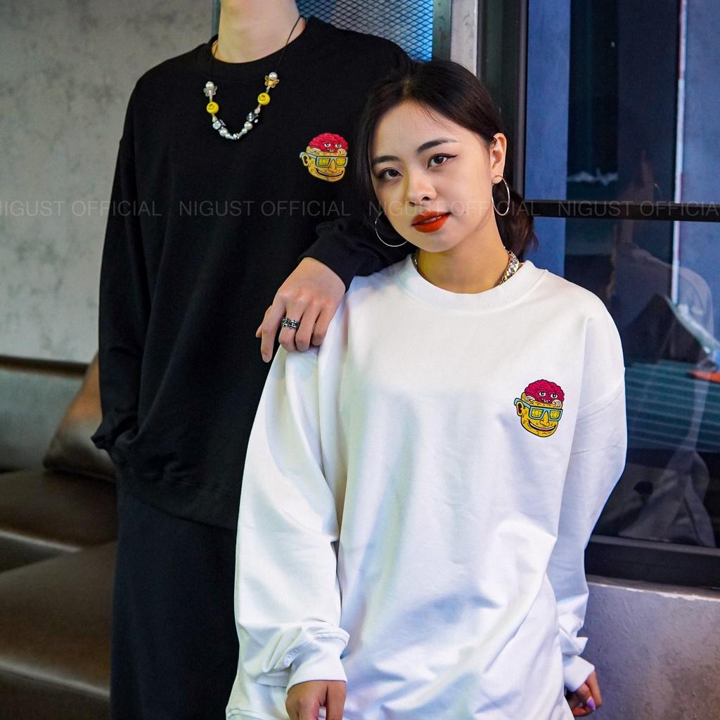 Áo sweater basic unisex local brand NIGUST N006 chất liệu nỉ da cá form rộng màu đen trắng Fullbox