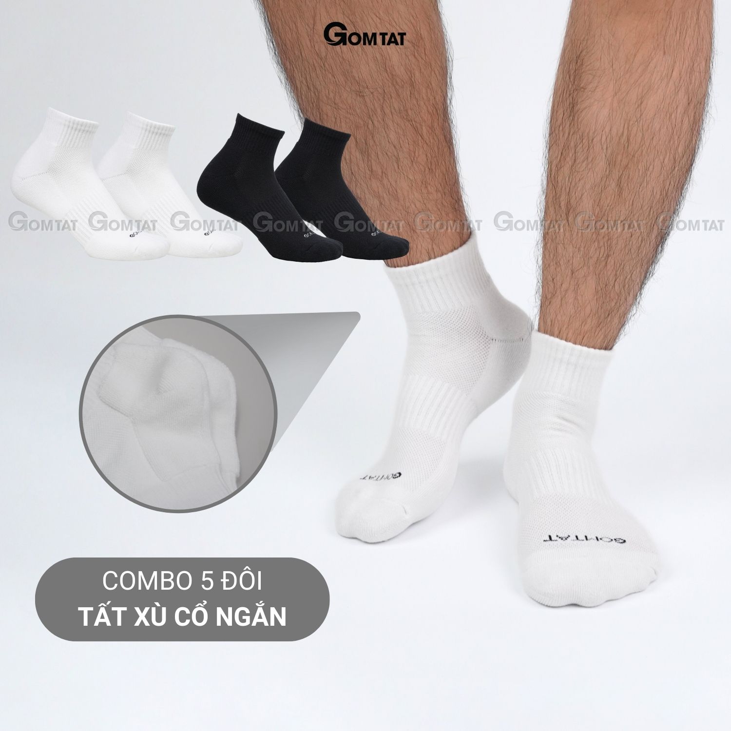 Combo 5 đôi vớ cổ ngắn nam nữ GOMTAT, chất liệu cotton hút ẩm khử mùi, có đệm xù êm chân - NGAN-STA-5009-NGAN-CB5