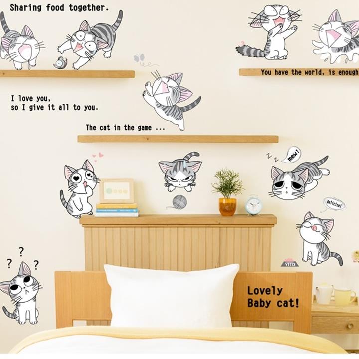 Decal dán tường trang trí phòng bé và quán coffe trà sữa mèo vui nhộn