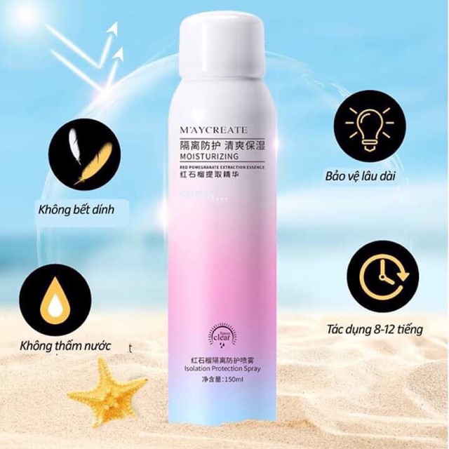 Xịt chống nắng MayCreate nâng tone,chống nước 150ml(tặng kèm góibông tẩy trang Lameila)