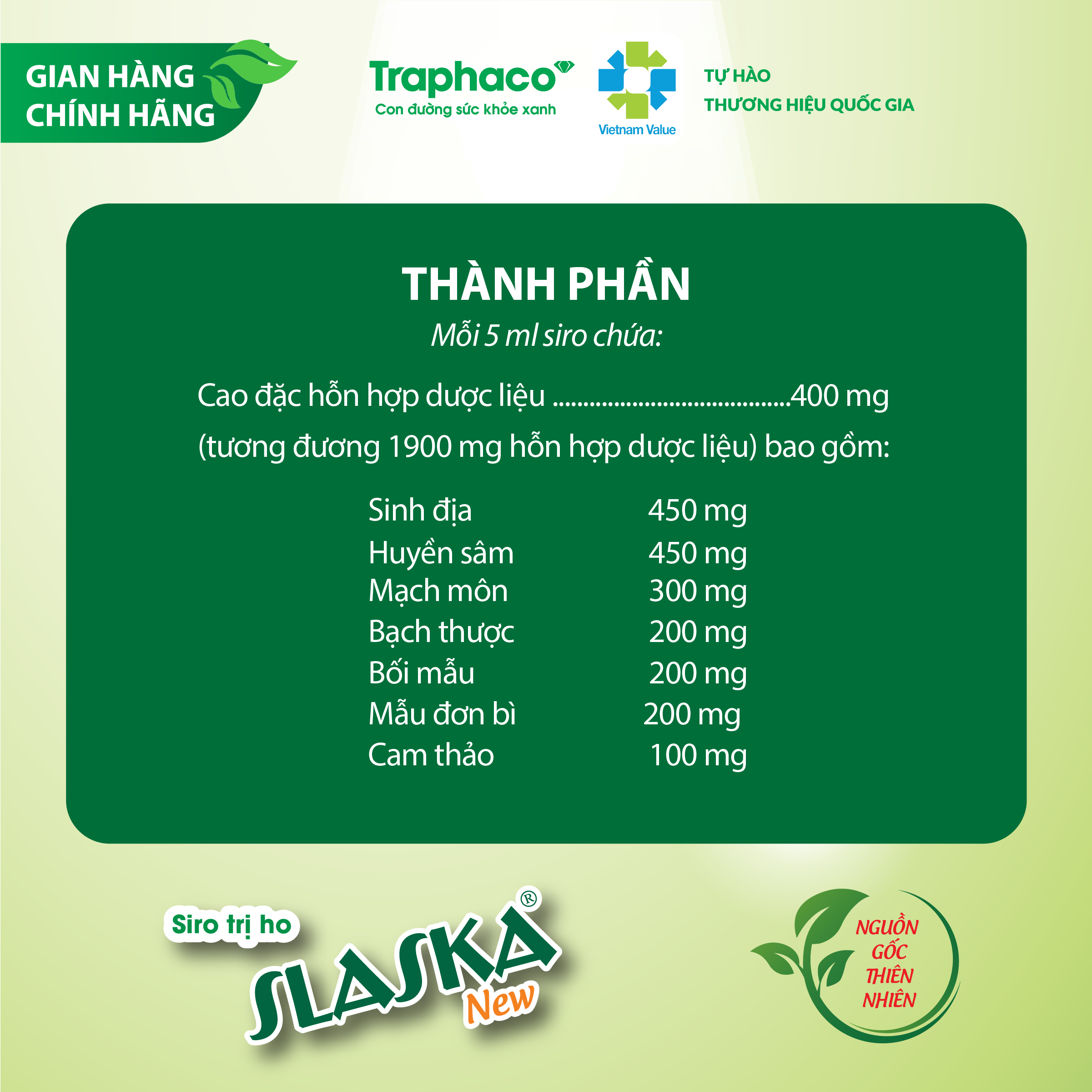 SLASKA NEW - GIẢM HO , LONG ĐỜM , BỔ PHẾ - THÀNH PHẦN THẢO DƯỢC TỰ NHIÊN