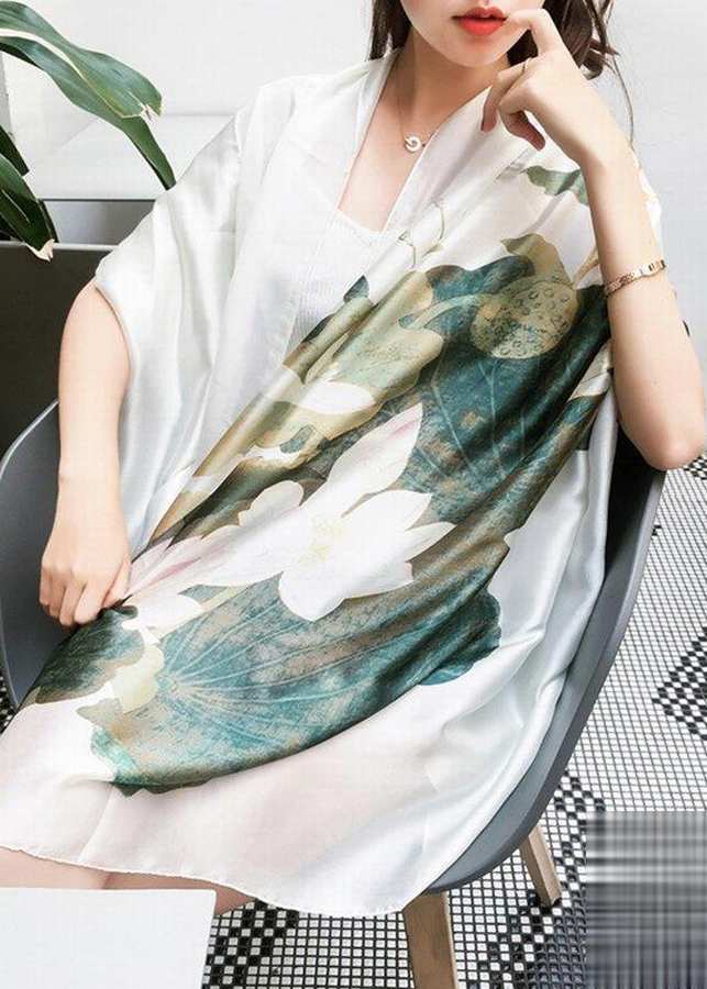 Khăn Choàng Cổ Lụa Hoa Sen Trắng Xanh - Silk - 180x90cm - Mã KS021