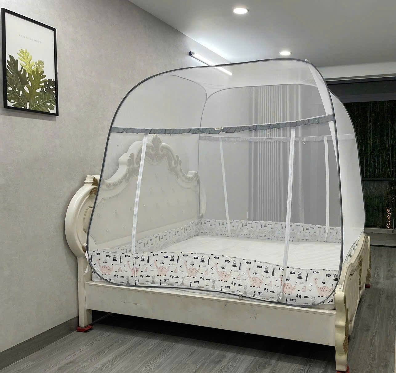 Màn Chụp Cao Cấp Mộc Miên Hoạ Tiết Xám Khủng Long - Kích thước 1,8mx2m - 2 cửa ( Hà Nội )