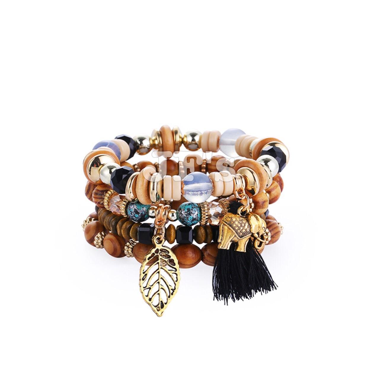Vòng tay vintage mặt lá dây tua voi, phong cách dân tộc quyến rũ cổ điển, vòng tay cườm dây đàn hồi