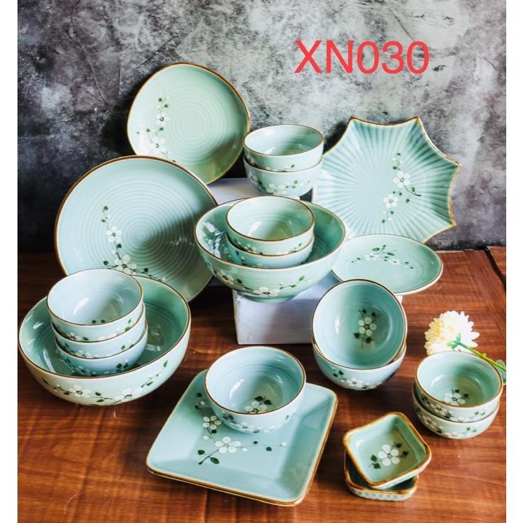 Set bát đĩa 21 món, men xanh ngọc. Gốm sứ Bát Tràng.