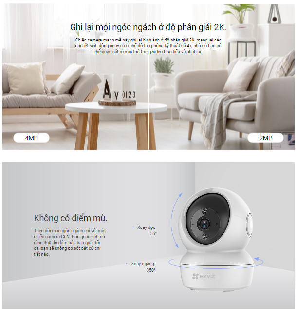 Camera WI-FI EZVIZ C6N 2MP Trong Nhà, Quay Quét 360 Độ, Quan Sát Ban Đêm  Bằng Hồng Ngoại Nhìn Đêm, Đàm Thoại 2 Chiều, Theo Dõi Chuyển Động Thông Minh --Hàng Chính Hãng