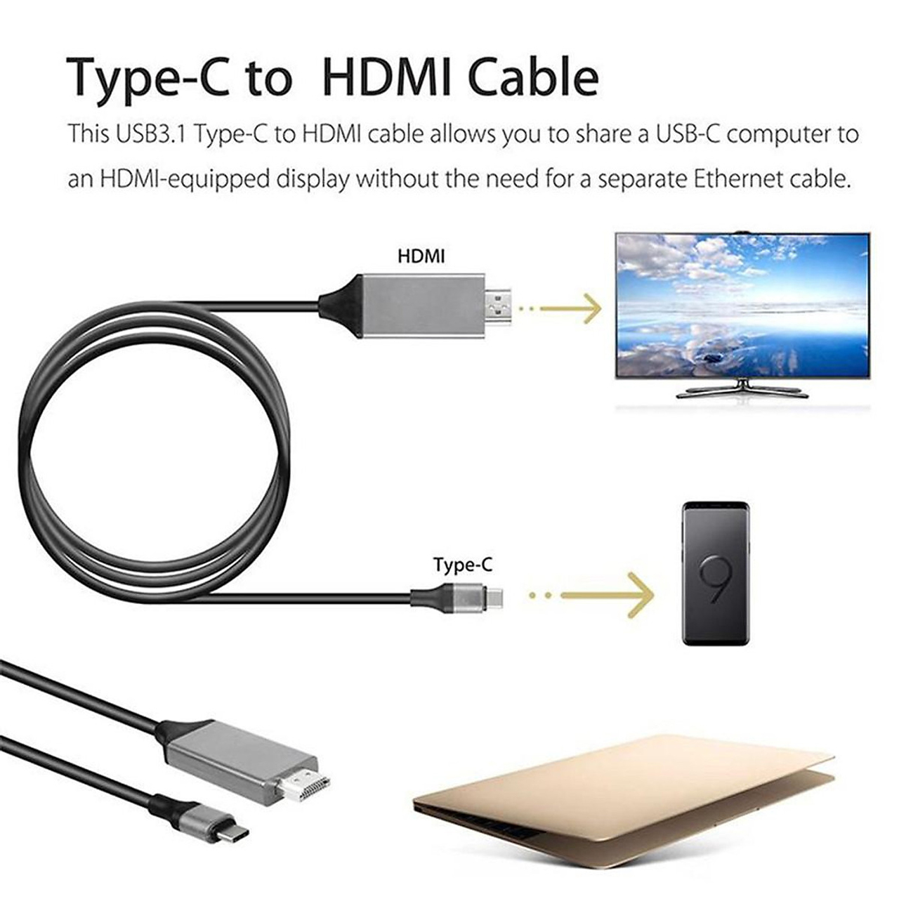 Cáp chuyển usb Type-c ra HDMI dài 1m8 cho Macbook, Surface, Dell, Samsung