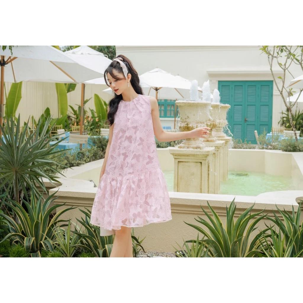 Đầm babydoll hồng họa tiết bướm, Váy babydoll dáng suông Cao Cấp vải voan hồng phấn nữ tính quyến rũ MiNhi Fashion