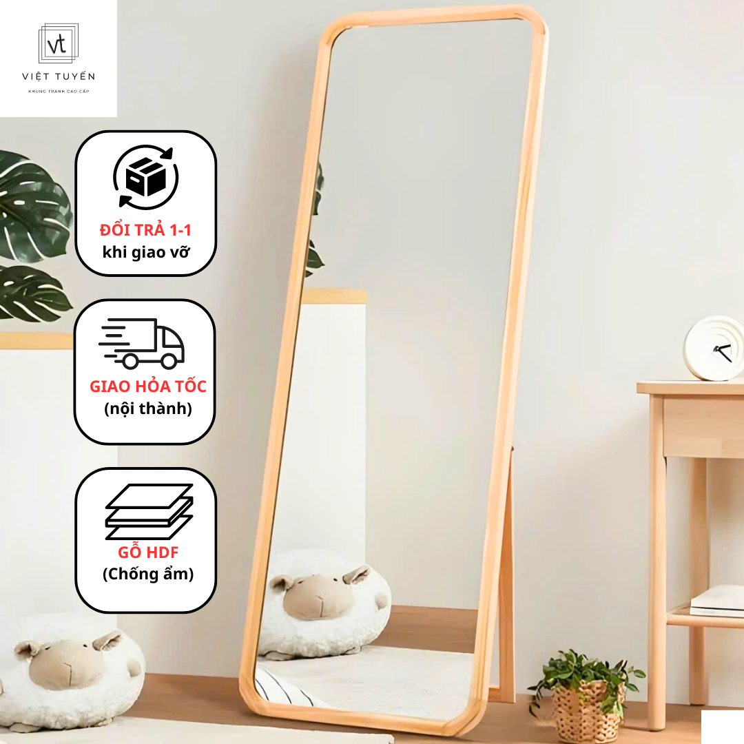 Gương Soi Toàn Thân Có Chân Việt Tuyến - Khung Viền Gỗ Thông Tự Nhiên, Sơn Pu Cao Cấp