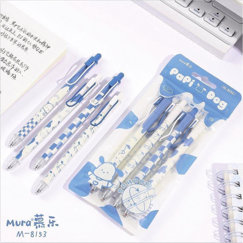 Set 4 bút mực gel đen Mura ngòi 0.5mm siêu xịn với vỏ ngoài siêu xinh xắn kèm túi zip (tặng stickers x note)