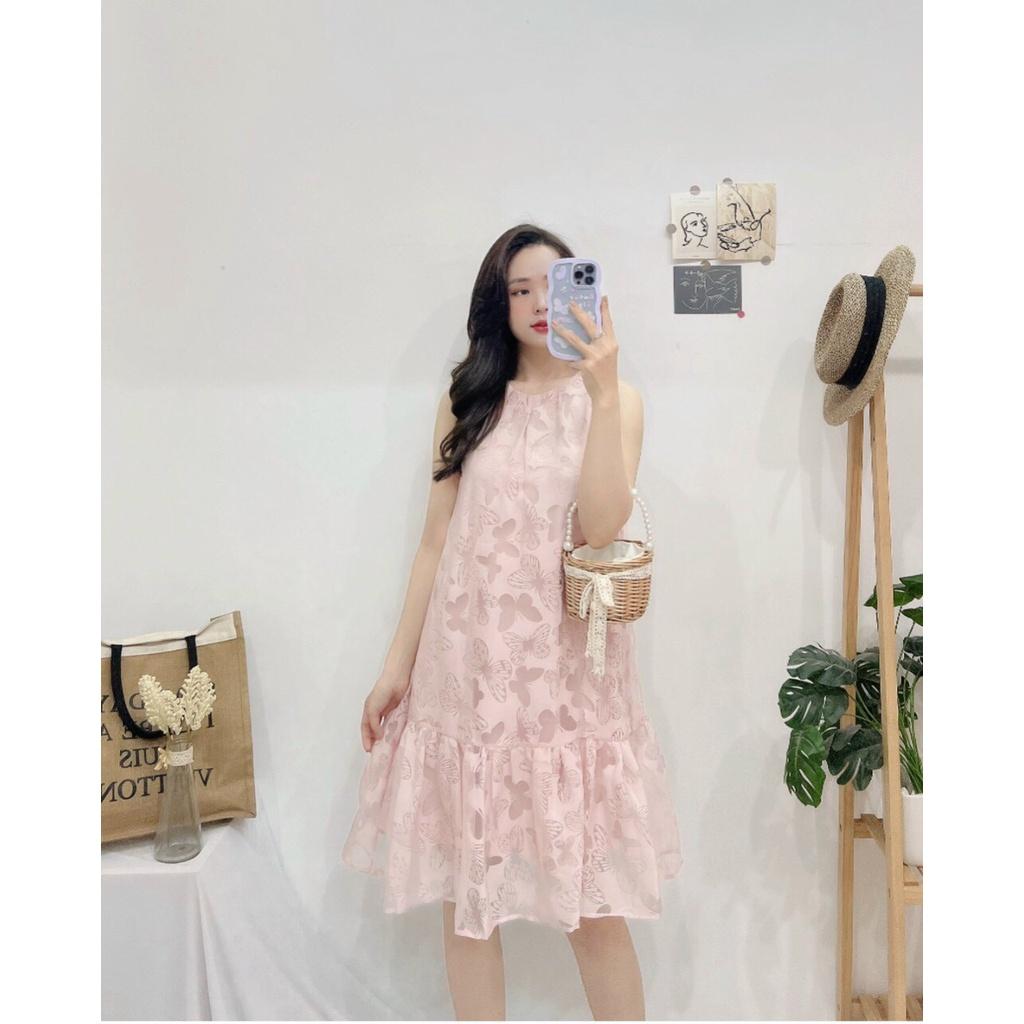 Đầm sát nách hồng họa tiết bướm, Váy ba lỗ dáng suông babydoll Cao Cấp mặc đi chơi dự tiệc nữ tính quyến rũ MiNhi