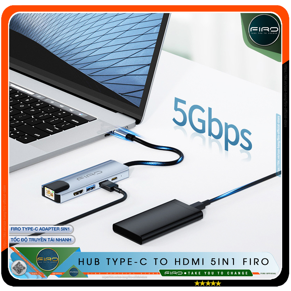 Hub Type C FIRO 5in1 - Hub Chuyển Đổi Type C To HDMI Chuẩn HDTV - 1 Cổng Mạng Lan, 1 Cổng HDMI/HDTV 4K, 2 Cổng USB 3.0, 1 Cổng Sạc Nhanh Type C PD - Kết Nối Nhiều Thiết Bị Với Tốc Độ Cao - Dùng Cho Tivi/Laptop/Playstation/PC/Smartphone – Hàng Chính Hãng